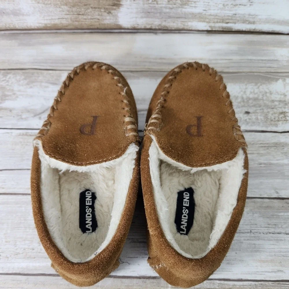 Lands' End Suede Moccasin Slippers Kids Size 11 Brown Faux Fur Monogram P Cozy